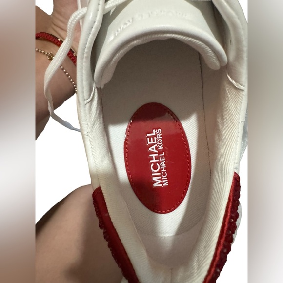 Michael Kors- Grove Embellished Leather sneakers in White Crisom/Red- Lace-up- 9 - Picture 13 of 14